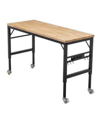 60" Adjustable Rubber Wood Workbench with Power Outlets & Wheels, 2000 LBS Load Capacity