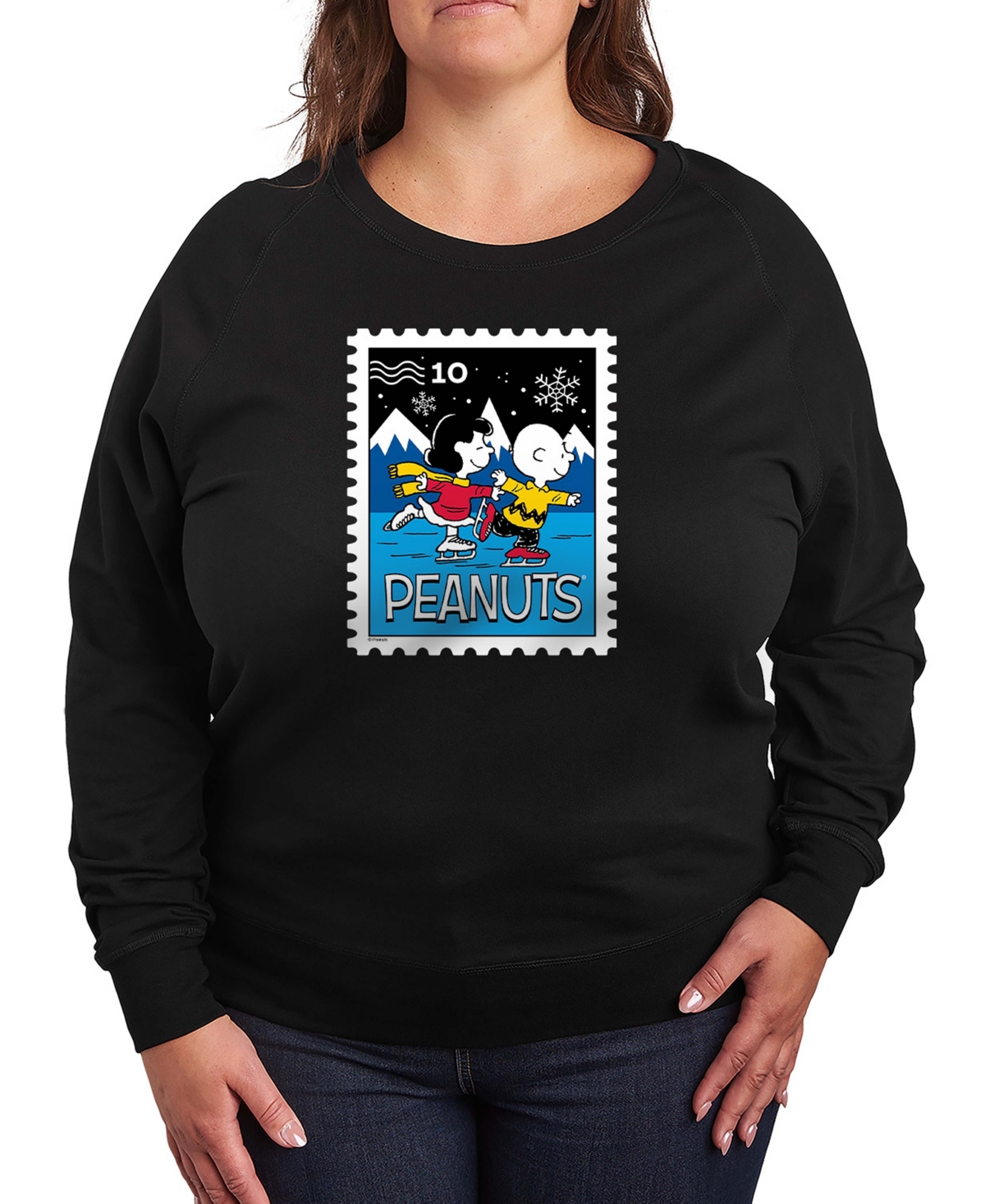 Hybrid Apparel Plus Size Peanuts Lucy Charlie Winter Stamp Word Art Pullover T-shirt In Black