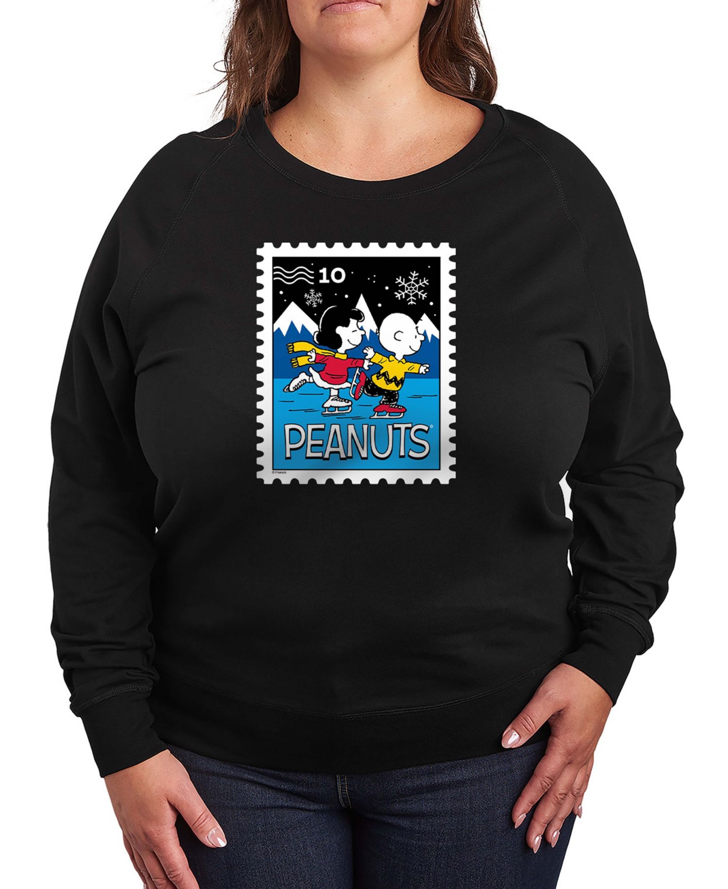 Plus Size Peanuts Lucy Charlie Winter Stamp Word Art Pullover T-shirt