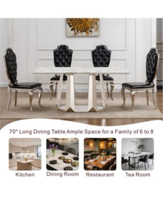 Marble Dining Table for 6 People, 70" Faux Marble & Stainless Steel Base (Silver, White
