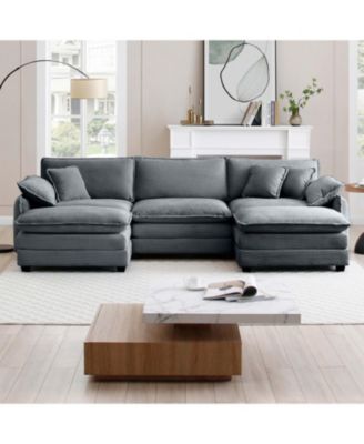 Grey Corduroy Modular Sofa with Ottoman & Footstools