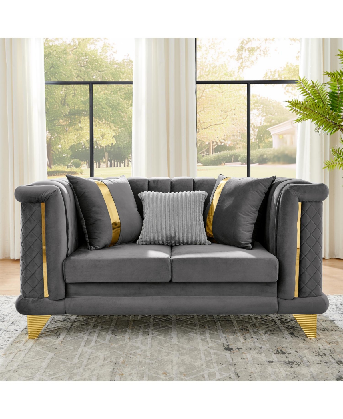 Streamdale Furniture 69" Velvet Loveseat Sofa, Gold Trim, Tufted, Pillows - Gray