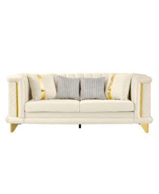 89" Velvet Sofa, Gold Trim, Tufted Couch with Pillows, Beige
