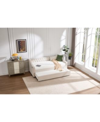 Twin Upholstered Daybed with Trundle, USB, Pockets, Velvet, Button Tufted