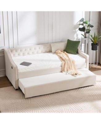 Twin Upholstered Daybed with Trundle, USB, Pockets, Velvet, Button Tufted