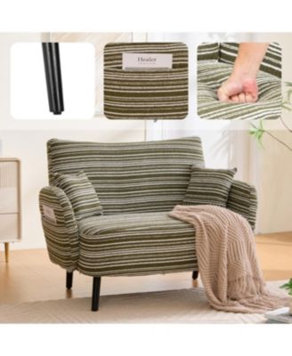 Modern two-seater sofa with armrests, pillows, and storage pockets.