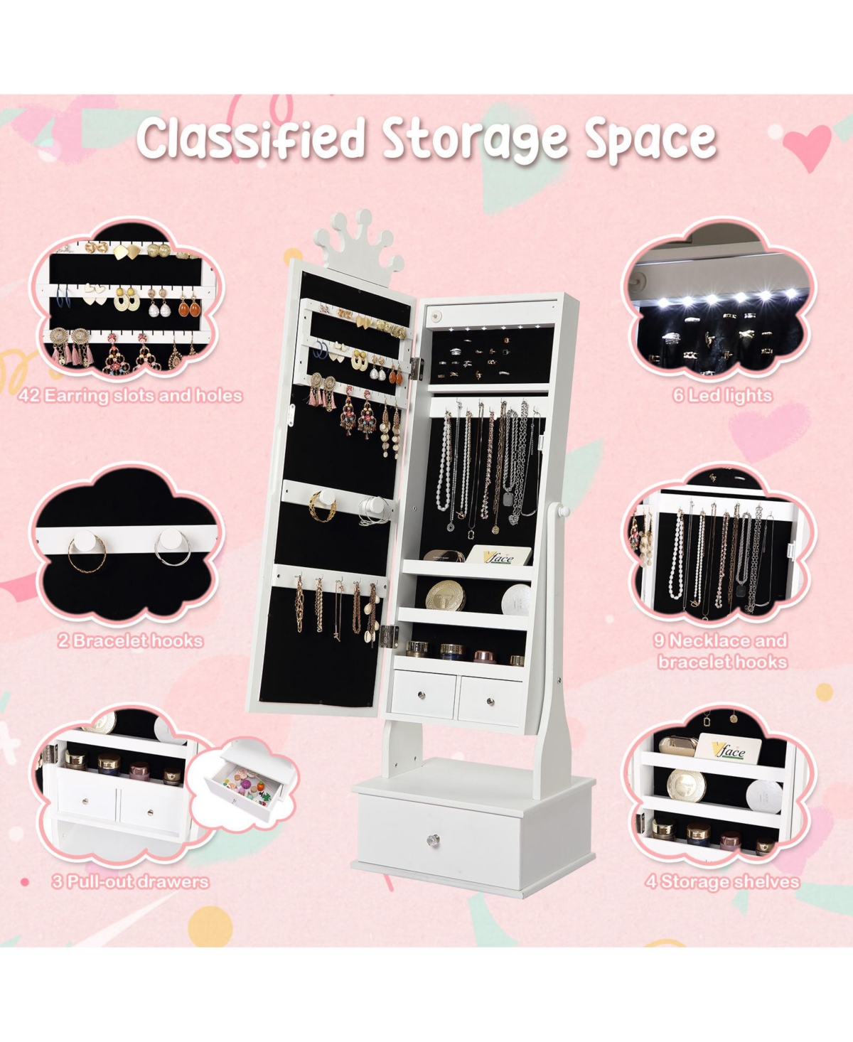 Gaomon Kids Jewelry Armoire with Led Light, Freestanding Organizer Mirror & 3 Drawers