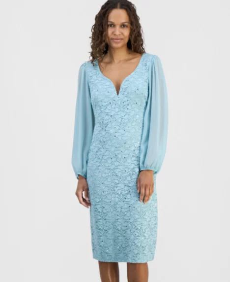Petite Sequined Lace Blouson-Sleeve Dress - Dusty Aqua