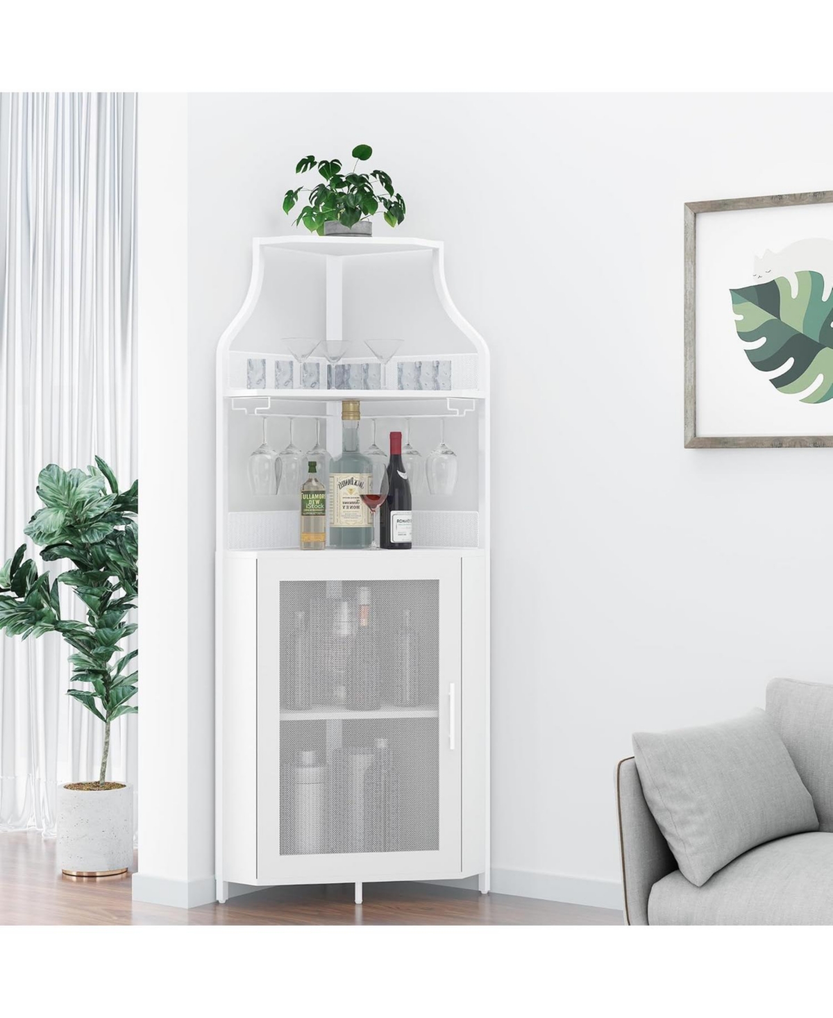 Gaomon Farmhouse Wine Bar Corner Cabinet with Detachable Rack, Mesh Door, Glass Rack & Storage for Kitchen and Dining Room