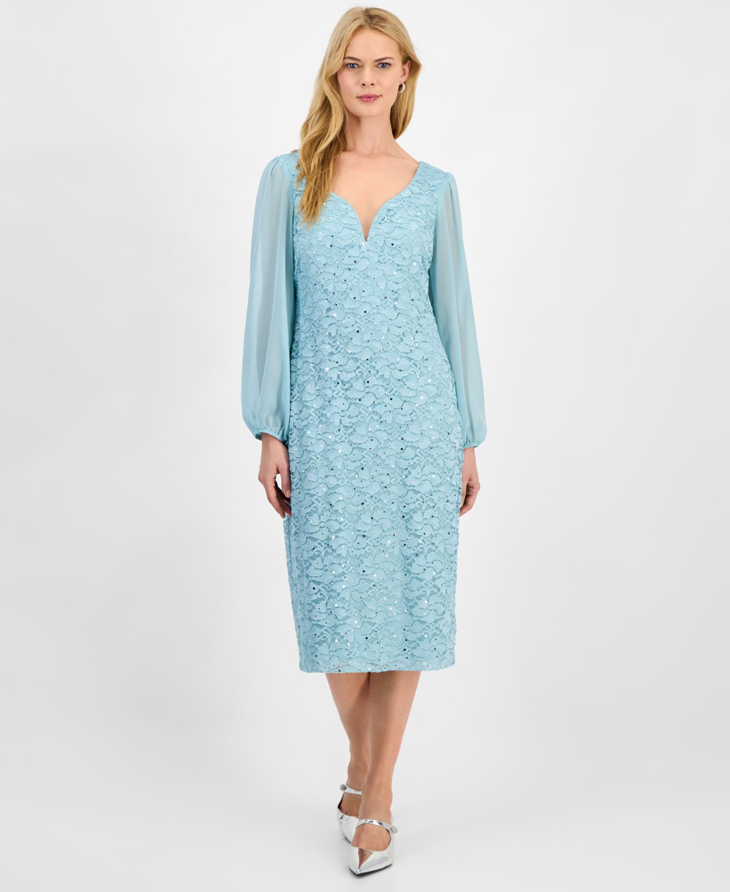 Женское платье Connected Sweetheart-Neck Long-Sleeve Midi, цвет: Пыльный аквамариновый — фото 1