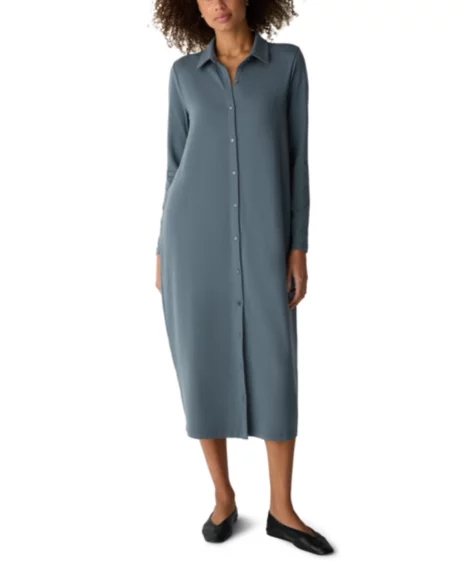 Women's Classic Collar Jersey Shirt Dress, Regular And Petites - Eucalyptus