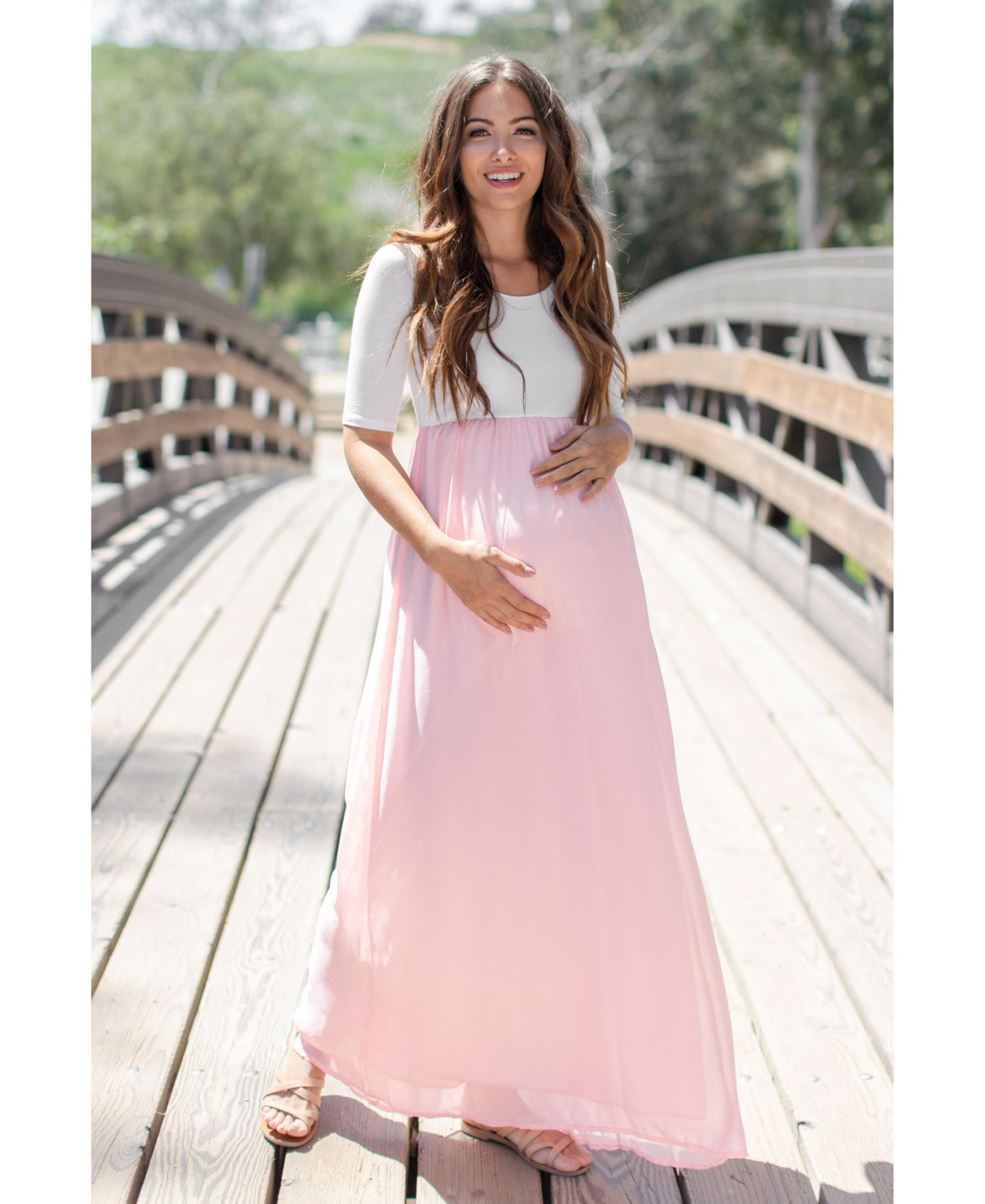 Women's Light Pink Chiffon Colorblock Maxi Dress