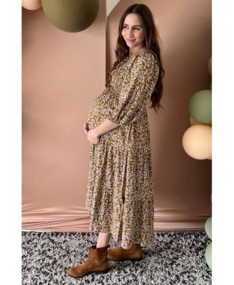 Maternity Cream Floral Smocked Long Sleeve Maxi Dress