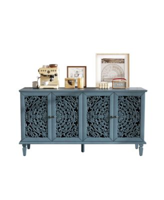 Streamdale 60" Antique Blue Buffet Cabinet - Floral Carvings, Solid Wood Legs
