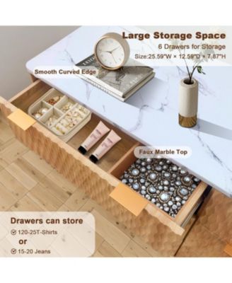 54Inch Modern Chest of Drawers,6 Drawers Dresser with Faux Marble Top,Curved Profile Design Wood Drawer Organizer, Freestanding Storage Cabinet