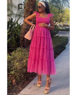 Maternity Smocked Mesh Ruffle Accent Midi Dress