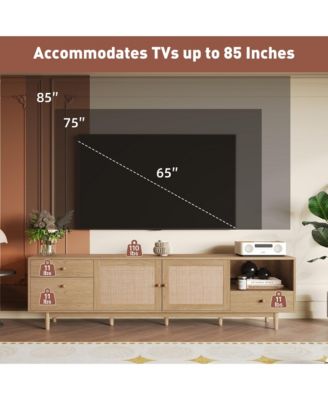TV Stand for 65 to 85 Inch TV with Open Storage and Drawers, Modern Wood Media Console with Real Rattan