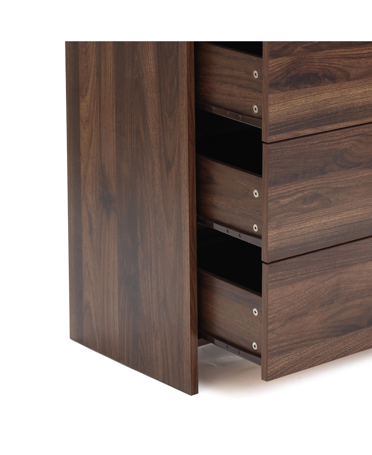 LuxenHome Modern Walnut Finish 5-Drawer Chest, Engineered Wood Storage Dresser with Rounded Corners