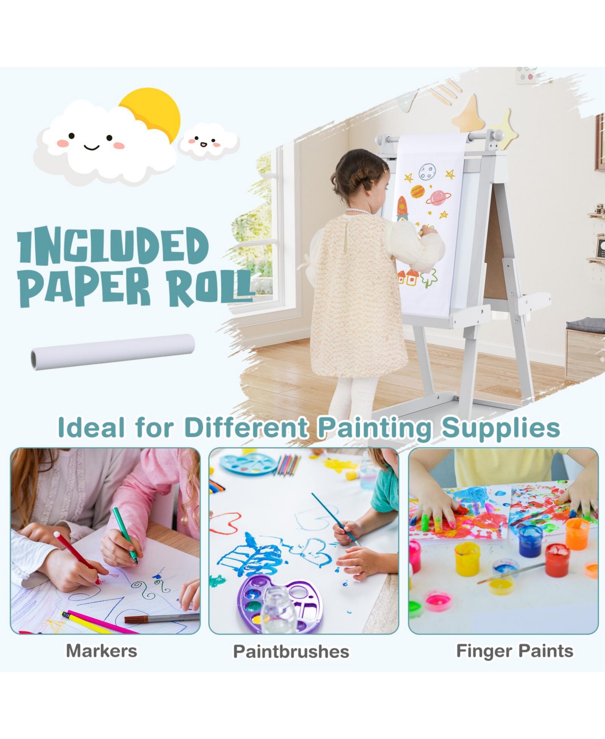 Hongge Adjustable Wooden Kids Art Easel With Chalkboard Whiteboard And Paper Roll