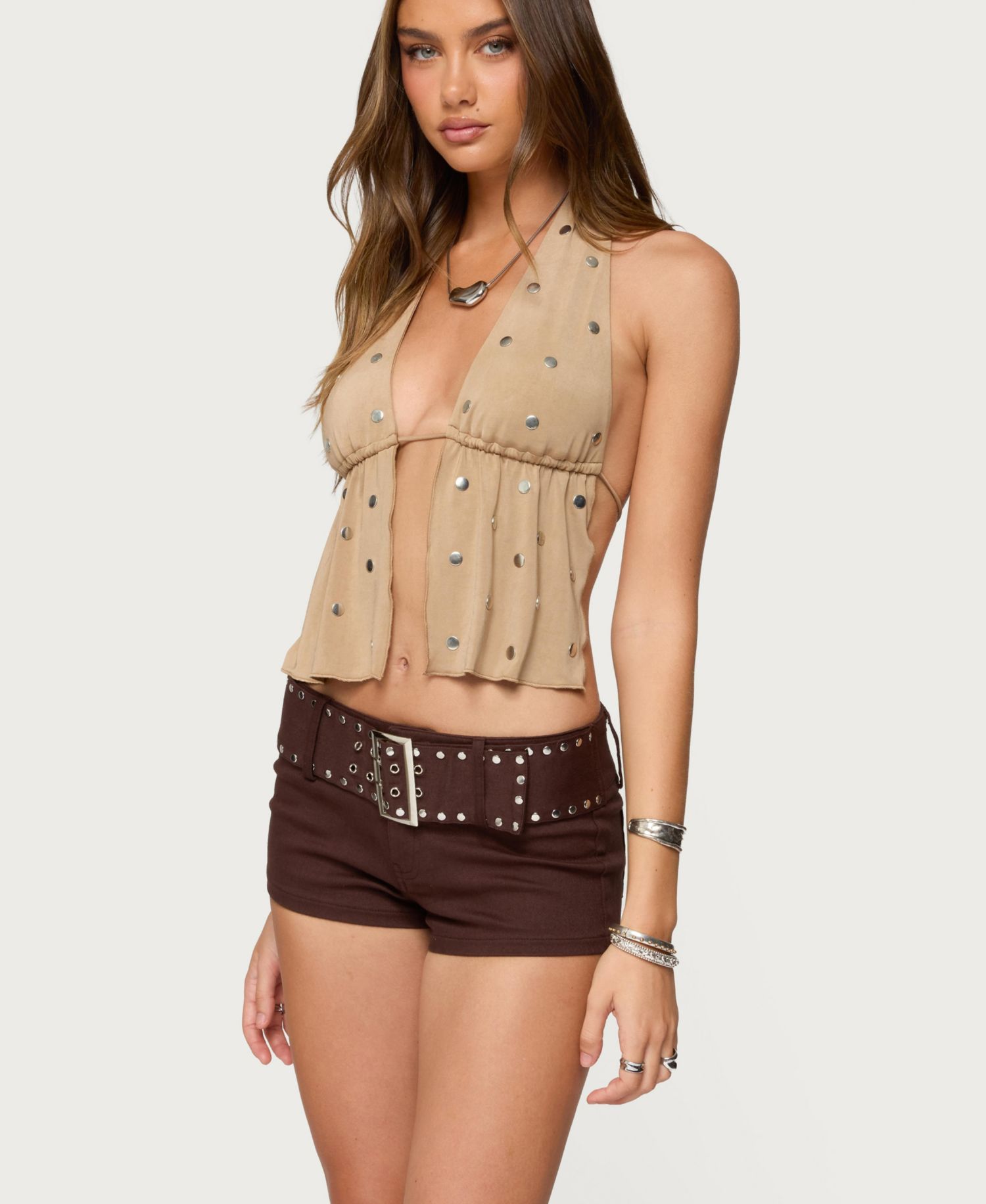 Women's Studded Backless Split Front Top