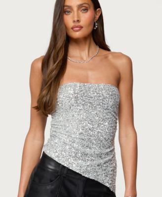 Women's Sequin Asymmetric Slit Strapless Top