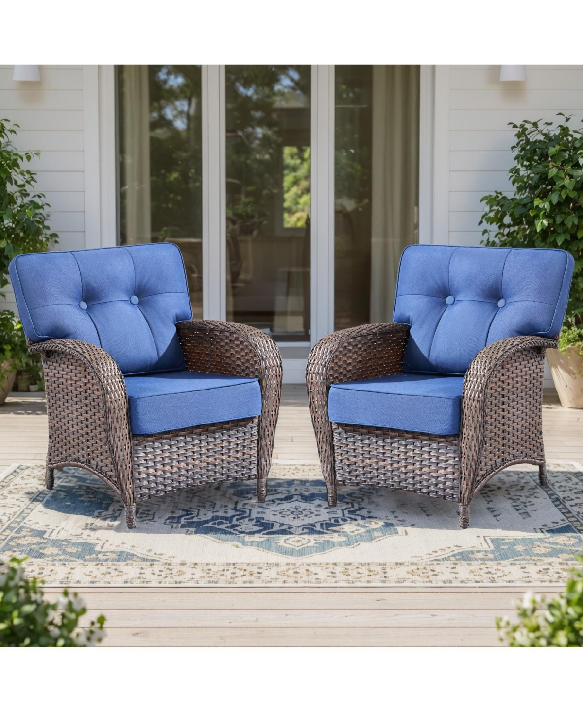 Gymojoy T-Frame Brown Wicker Outdoor Lounge Chairs with Olefin 5 In. Thick Cushions 2-Pack）
