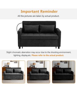 56.9" Loveseat Sofa Bed, Pull-Out Sleeper, Linen, Reversible Backrest, Side Pockets, USB Ports, Phone Holder