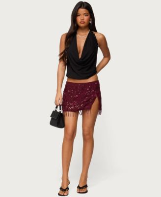 Women's Chiffon Sequin Bead Fringed Mini Skirt