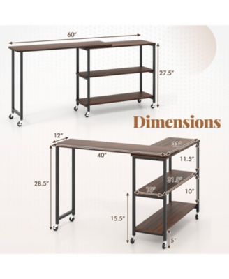 360° Rotation Mobile Laptop Table with 2-Tier Storage Shelves & 6 Universal Wheels