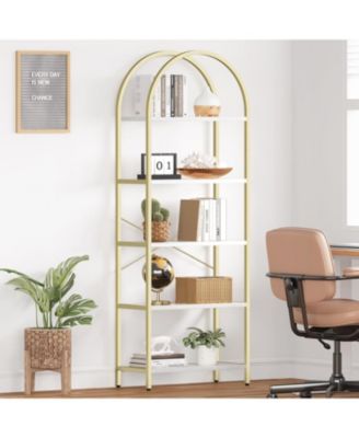 Arched 5-Tier Bookshelf, Modern Bookcase with Gold Metal Frame, Tall Wood Storage Shelf for Living Room, Bedroom, Home Office, Easy Assembly