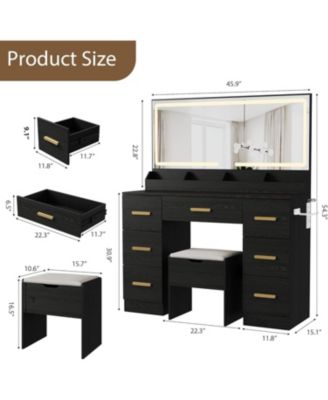 Vanity Desk with Large Lighted Mirror, 45.9" Makeup Vanity Table, 3 Light Modes & Power Outlet, 8 Drawers, Wall-Mounted, for Bedroom
