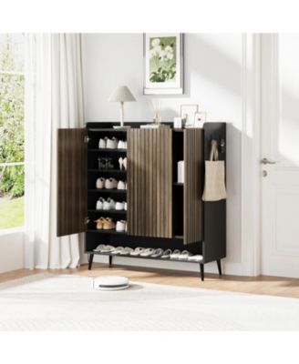 Large 6-Tier Shoe Cabinet with 3 Doors, Handleless Shoe Organizer with Hooks, Freestanding Entryway Storage Cabinet