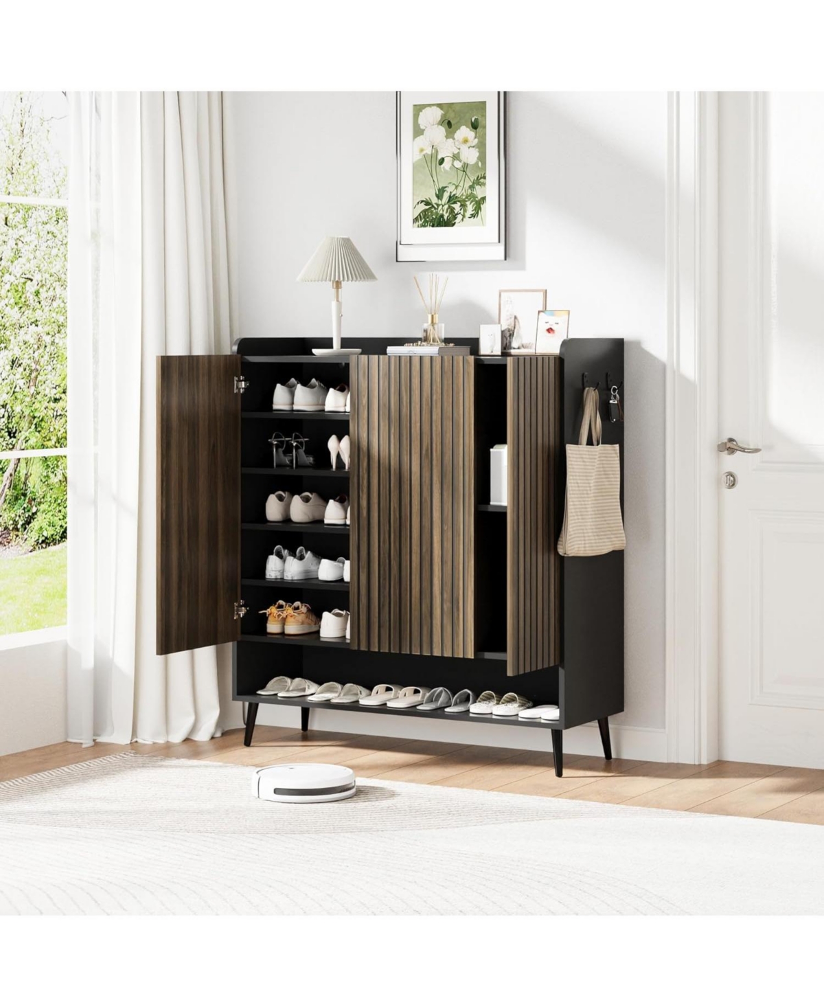 gaomon Large 6-Tier Shoe Cabinet with 3 Doors, Handleless Shoe Organizer with Hooks, Freestanding Entryway Storage Cabinet