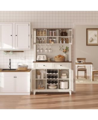 72" Farmhouse Coffee Bar Cabinet with 4 Doors, 2 Drawers, Wine Rack & Glass Holder, Kitchen Storage Buffet