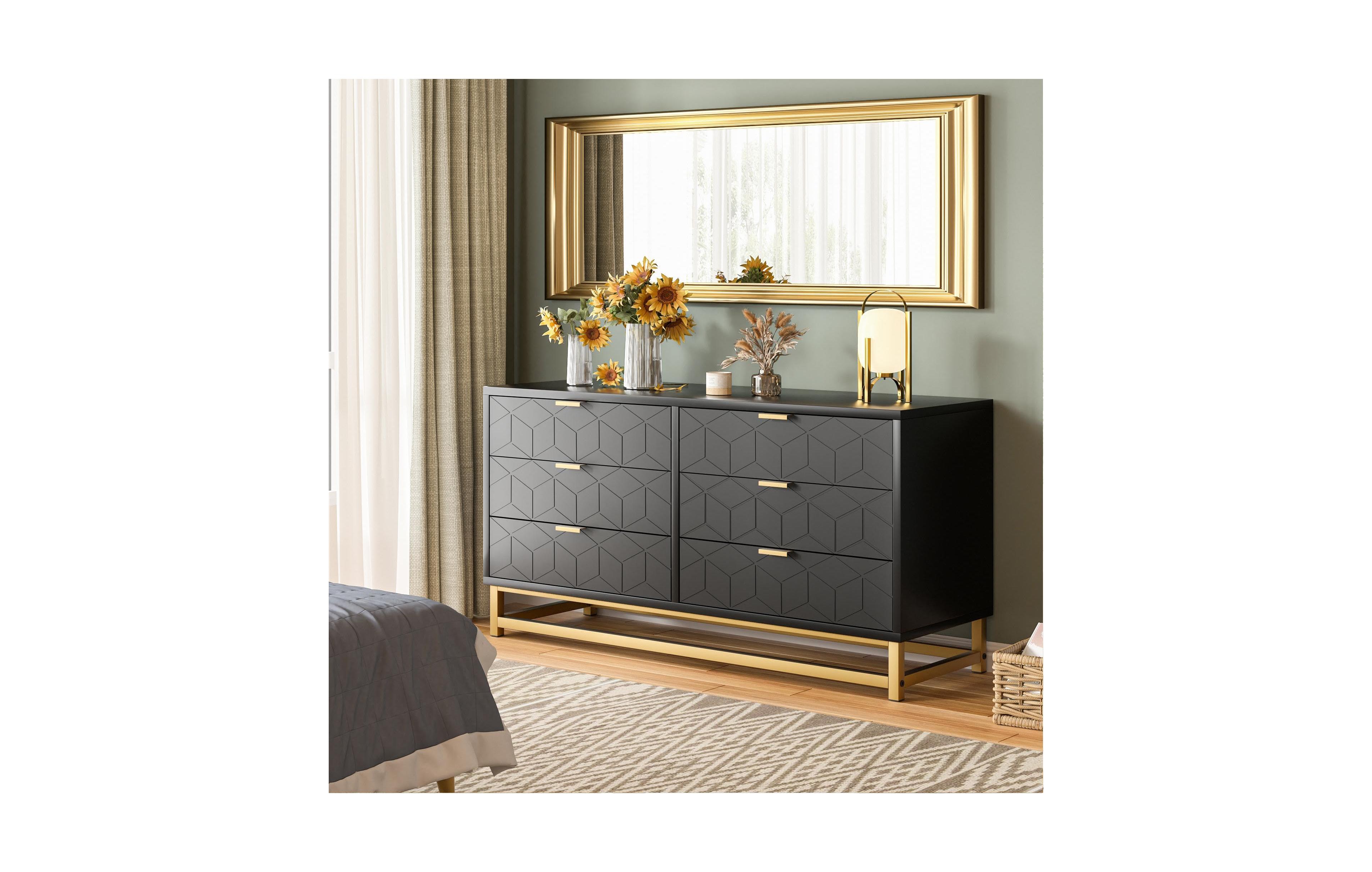 Gaomon 6 Drawer Dresser with Wide Storage, Wood Chest Organizer with Metal Legs, Modern Dresser for Bedroom, Living Room