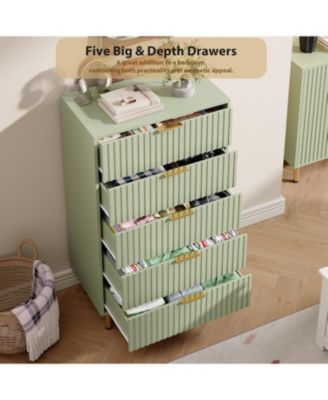 Fluted 5 Drawer Storage Dresser, Tall Chest with Deep Drawers and Wide Top, Wooden Organizer for Living Room or Kids Room