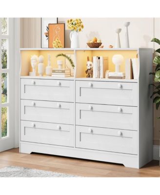 6-Drawer Wooden Built-In Power Outlet, LED Light, Handles and TV Stand Design Dresser