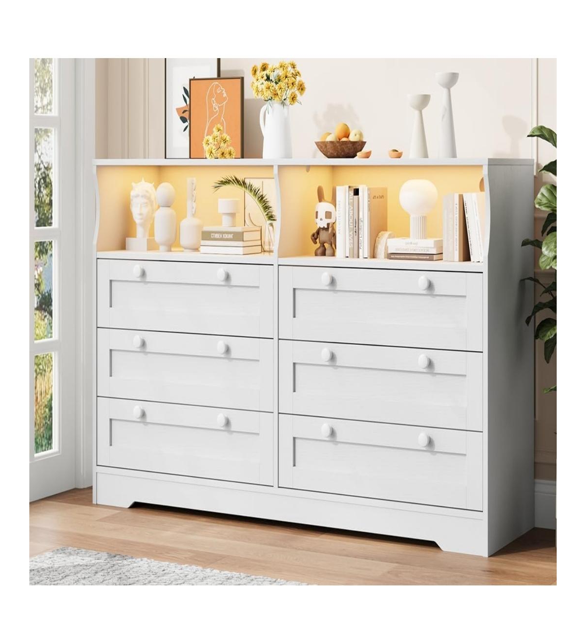 gaomon 6-Drawer Wooden Built-In Power Outlet, Led Light, Handles and Tv Stand Design Dresser