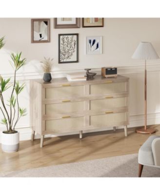 6-Drawer Oak Finish Natural Rattan Gold Metal Handles Farmhouse Style, Ample Storage, Durable Construction, Anti-Tip Safety Dresser