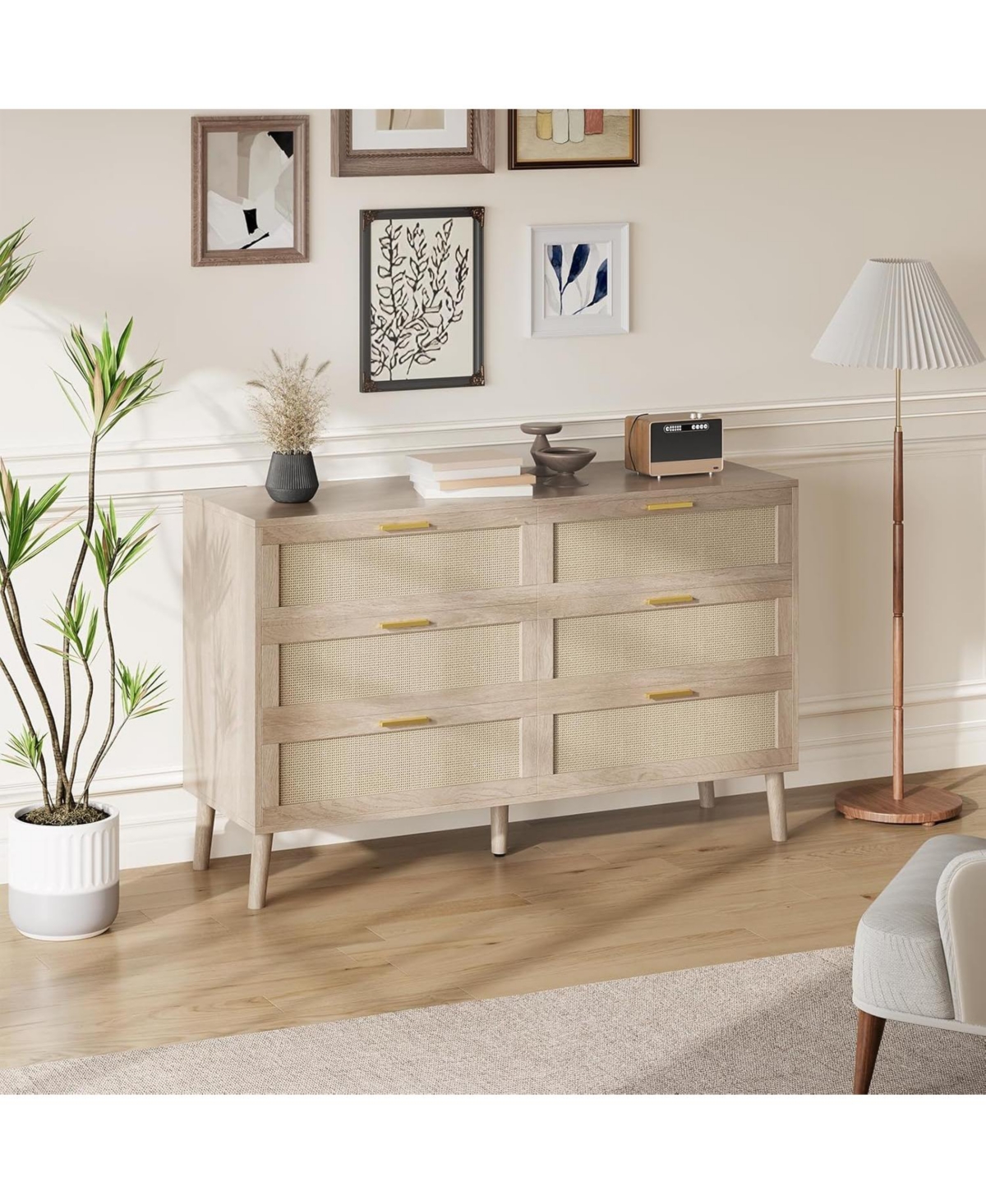 gaomon 6-Drawer Oak Finish Natural Rattan Gold Metal Handles Farmhouse Style, Ample Storage, Durable Construction, Anti-Tip Safety Dresser