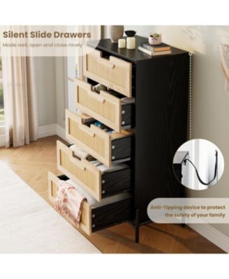 5-Drawer Rattan & Wood Farmhouse Cabinet with Metal Legs – Modern Dresser