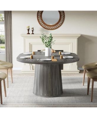 Oval Dining Table for 6 People, 55.11-Inch Farmhouse Kitchen Dinner Table with Cylindrical Pedestal (Grey)