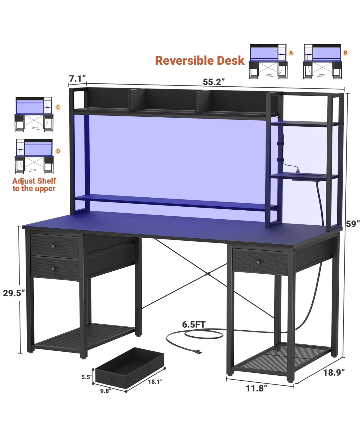 Aheaplus 47-55 inch Computer Desk with with 3 Drawers Storage Shelves