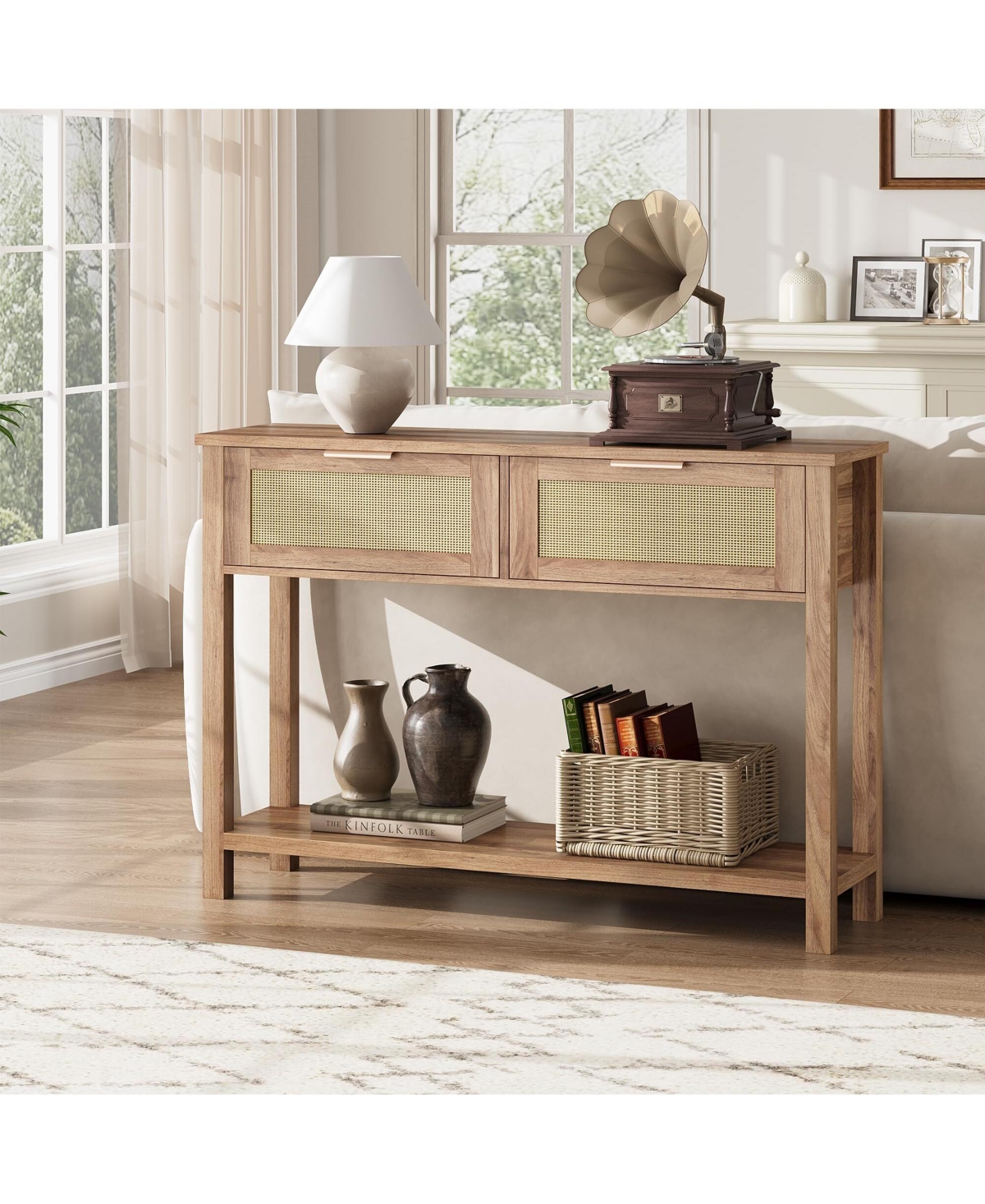 Gaomon Console Table with 2 Drawers Rattan Entryway Table with Storage Boho Sofa Table for Living Room Hallway or Foyer Home Furniture