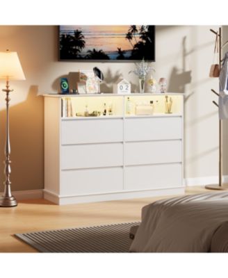 Dresser for Bedroom with 6 Drawers, Modern Chest Featuring LED Lights and Charging Station, Spacious Storage Cabinet
