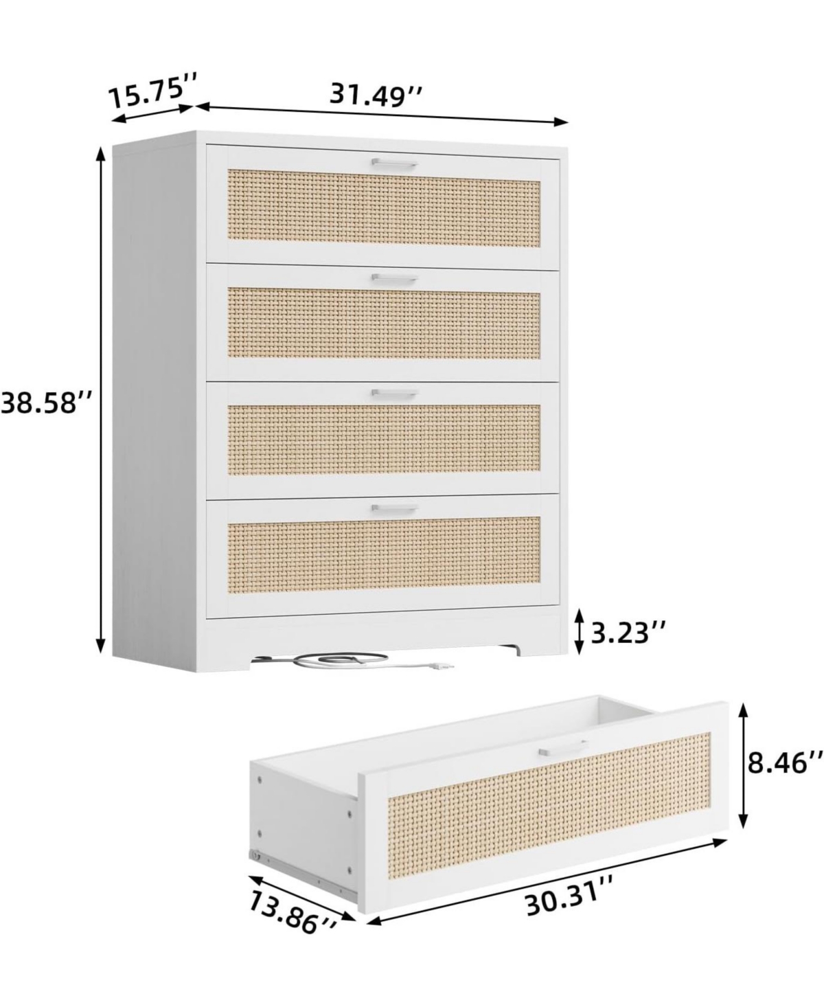 Gaomon Modern Rattan 4-Drawer Wood Dresser with Power Station, Tall Storage Chest for Bedroom, Hallway, Entryway, or Living Room
