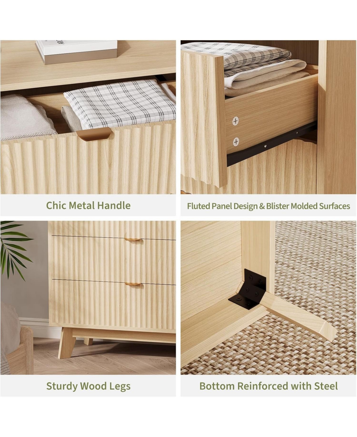 gaomon 3-Drawer Bedroom Dresser, Modern Wide Drawer Chest with Metal Handles, Wooden Storage Organizer for Bedroom