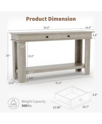 54" Long Console Table, Wooden Entryway Table with 2 Drawers & Open Storage Shelf, Sofa Table Behind Couch, Farmhouse Entry Foyer Table, Brown