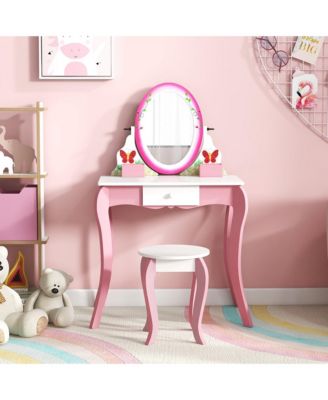 Kids Vanity Table Stool Set Pretend Play Makeup Desk with Whiteboard Markers