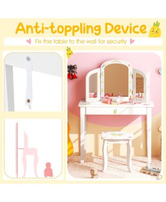 Kids Vanity Table Set Tri-Folding Mirror Pretend Play Dressing Large Drawer